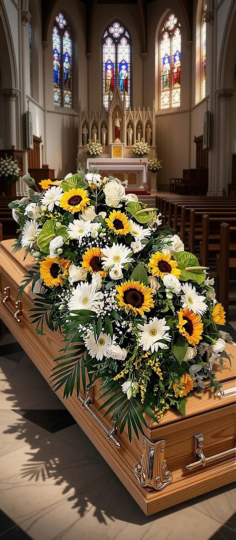 Composizione funebre con girasoli e fiori bianchi, su un feretro